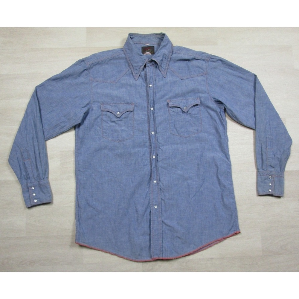 Vintage 70s Champion Western Shirt (16.5/35) Pearl Snap Hipster Chambray Cowboy